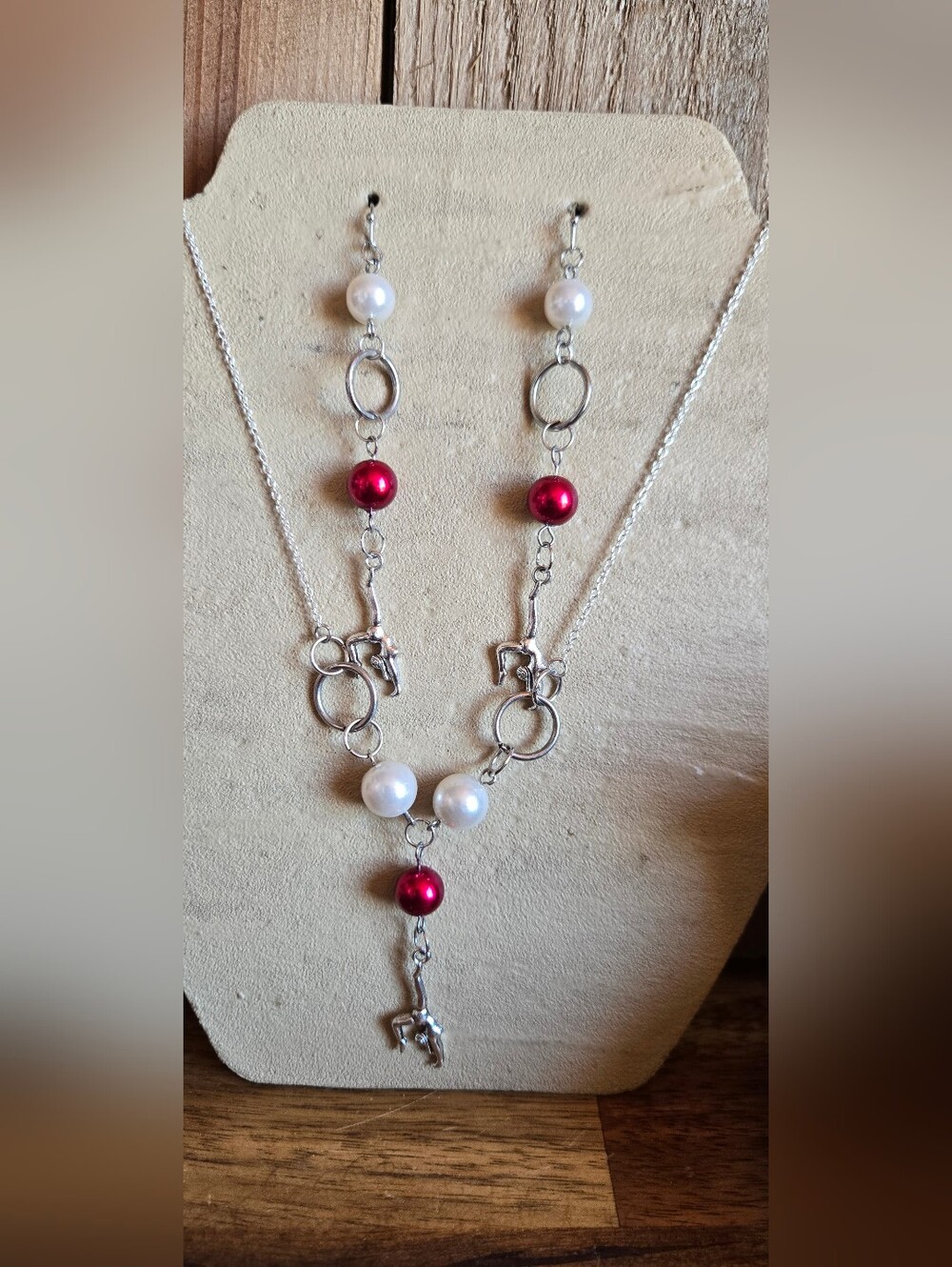 Handmade Gymnast Necklace & Earrings Set | Pearl & Ruby Red Beads